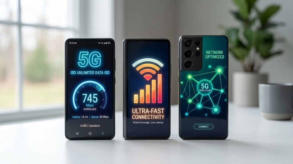Logos and phones from top Lifeline 5G government phone providers like AirTalk and Assurance Wireless